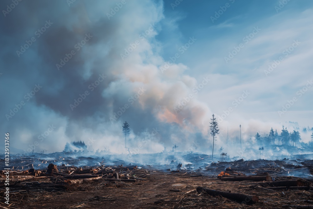 Fototapeta premium A devastated landscape with smoke rising from a forest fire, surrounded by charred trees and fallen logs, illustrating the impact of climate change.