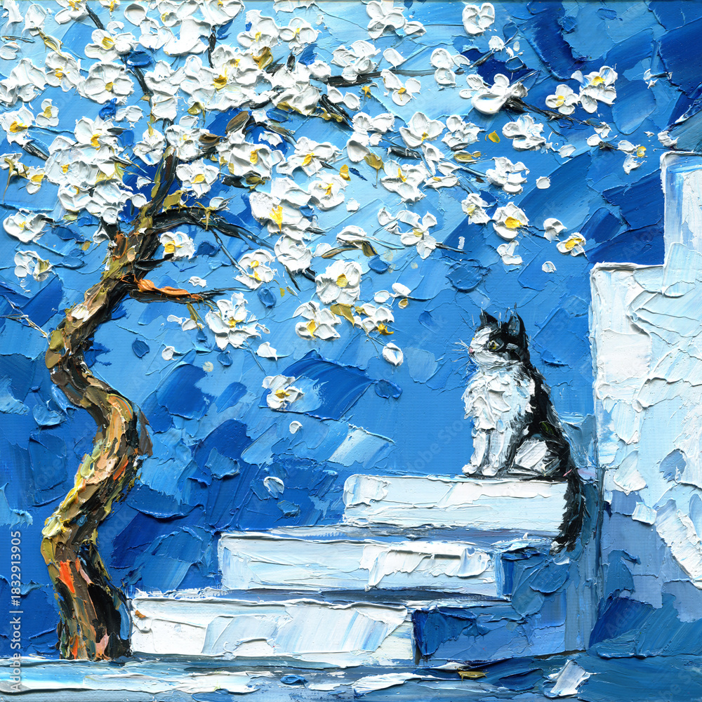 Naklejka premium Cat on white stairs under blooming tree impasto oil palette knife painting in blue spring landscape