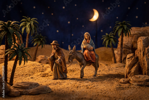A Christmas nativity scene with figurines of Mary, Joseph, and baby Jesus on a donkey, traveling through the desert at night under a starry sky.