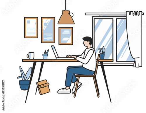 Person Working Remotely Typing on Laptop at Desk with Dual Monitors in Modern Home Office with Window Natural Light and Potted Plant and Box on Floor