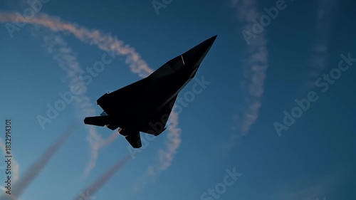 Fighter Jet Silhouette Performing Aerobatic Maneuvers in Dramatic Sky.