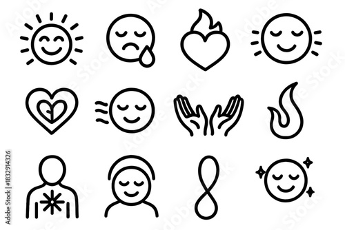 Emotional Icon Array. Emotional Expression Collection linear icon set: joy burst, sorrow drop, compassion flame, gratitude beam, vulnerability symbol, calm breeze, open gesture