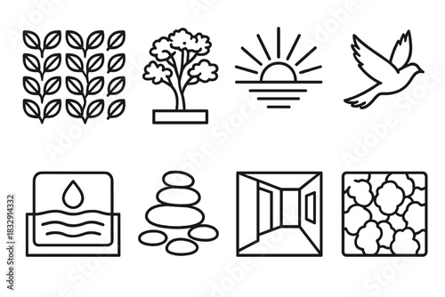 Natural Element Icons. Nature Integration linear icon set: leaf wall, indoor tree, water feature, sunlight rays, pebbles, moss panel, open layout, bird silhouette