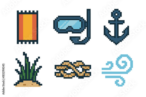 Waterfront Icon Set. Waterfront Activity Elements pixel style icon set: beach towel, snorkeling mask, anchor symbol, dune grass, harbor rope, coastal breeze swirl