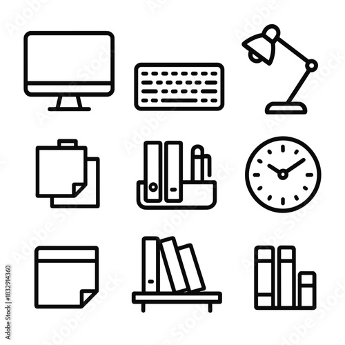 Minimalist Office Setup. Office Workspace linear icon set: computer monitor, keyboard, mouse, desk lamp, sticky notes, organizer tray, bookshelf, clock