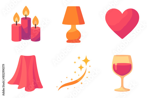 Romantic Icon Set. Romantic Light flat icon set : candle cluster, glowing lamp, heart symbol, soft drape, sparkle trail, wine glass