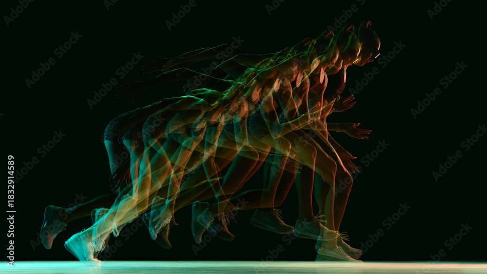 Fototapeta premium Multi-exposure running sequence showing athlete acceleration in neon light. Concept of performance diagnostics, sprint mechanics guides, movement breakdowns, and sports science presentations.