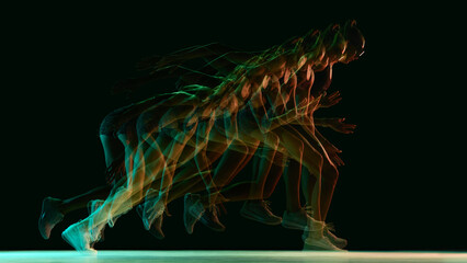 Multi-exposure running sequence showing athlete acceleration in neon light. Concept of performance diagnostics, sprint mechanics guides, movement breakdowns, and sports science presentations.