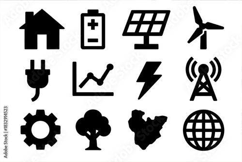 Community Energy Icons. Community Power Systems silhouette icon set: house, battery, solar panel, wind turbine, plug, data chart, tower, lightning bolt, tree, map, gear, globe