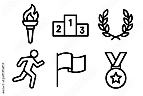 Olympic Icons Collection. Olympic Athletics linear icon set. torch flame, podium, laurel wreath, athlete silhouette, flag wave, gold medal.