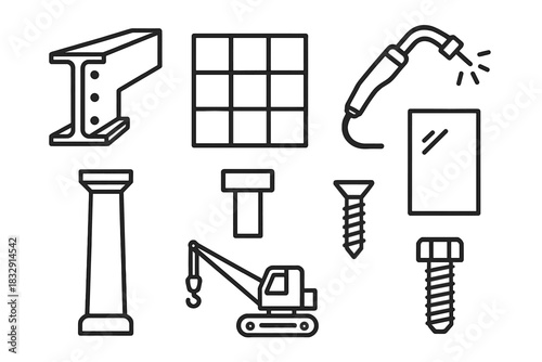 Construction Icon Set. Structural Elements linear icon set: beam joint, metal grid, column, glass sheet, welding torch, screw, crane, bolt