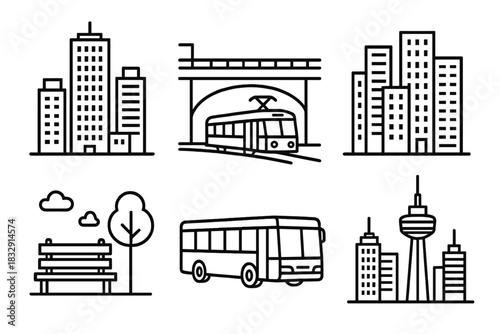 Sleek Cityscape Geometry. Urban panorama concept linear icon set: skyscraper, downtown, elevated road, tram, high-rise, park bench, bus, tower , precise urban geometry