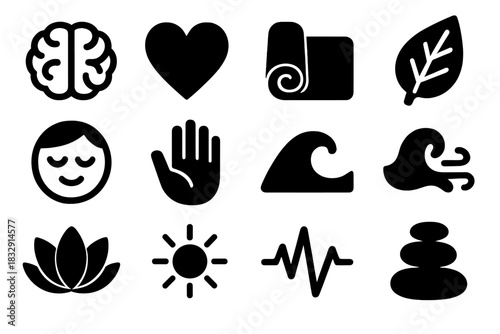 Emotional Balance Icons. Emotional Alignment silhouette icon set. brain, heart, yoga mat, leaf, calm face, open palm, wave, breath line, lotus, sun, pulse, stone