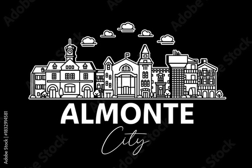 Almonte, Canada architecture line skyline illustration with shadows. Linear vector cityscape with famous landmarks, city sights, design icons.