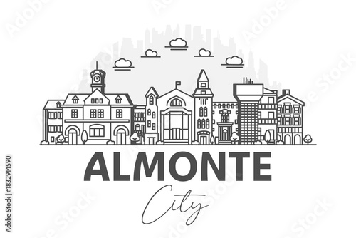 Almonte, Canada architecture line skyline illustration with shadows. Linear vector cityscape with famous landmarks, city sights, design icons.