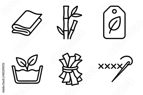 Eco Textile Icons. Eco-Friendly Textile Use linear icon set: linen fold, bamboo fabric strip, biodegradable tag, eco wash symbol, textile scrap bundle, green stitch