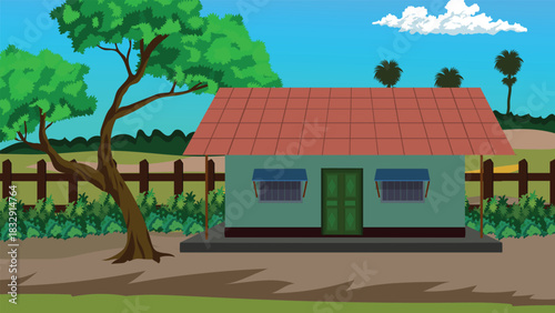 Peaceful Indian Village Single Story Home with Red Tile Roof Green Door Front Steps Tall Shade Tree Fence and Open Rural Courtyard Under Clear Day Sky