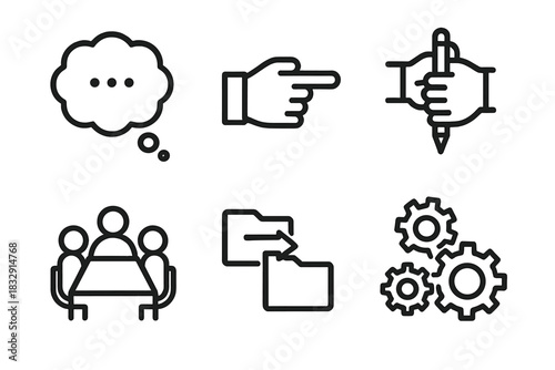 Collaborative Workplace Icons. Workplace Collaboration Actions linear icon set: brainstorming bubble, pointing hand, shared pen, meeting table, file exchange arrow, teamwork gears