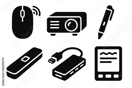Bold Office Gadgets. Office Gadgets silhouette icon set. wireless mouse, mini projector, smart pen, portable scanner, USB hub, digital notepad.