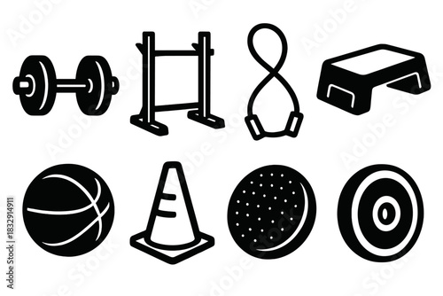 Brutalist Fitness Icons. Fitness Training silhouette icon set: barbell, squat rack, resistance band, step platform, medicine ball, agility cone, balance disc, weight plate