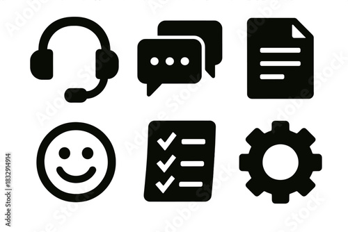 Brutalist Helpdesk Icons. Customer helpdesk silhouette icon set: headset, chat bubbles, document, smile icon, checklist, gear