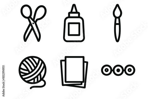 Craft Icons Collection. Creative Crafts linear icon set. scissors, glue bottle, paintbrush, yarn, paper, beads