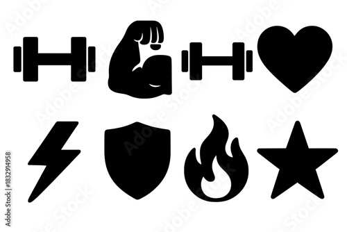 Strength Icons Set. Strength Essentials silhouette icon set. dumbbell, muscle arm, barbell, heart, lightning bolt, shield, flame, star.