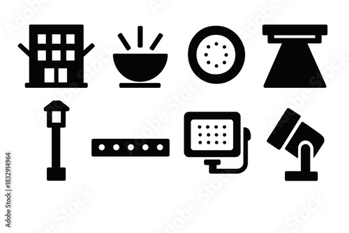 Brutalist Lighting Icons. Architectural Lighting silhouette icon set. facade light, uplight, pathway lamp, recessed light, wall washer, LED strip, floodlight, spotlight.