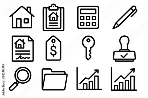 Residential Appraisal Icons. Residential Appraisal linear icon set. house, clipboard, calculator, pen, document, price tag, signature, key, approval stamp, magnifying glass, folder