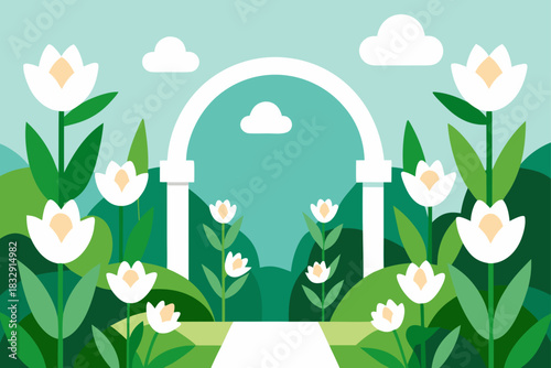 Archway in a lush garden with white tulips and rolling hills