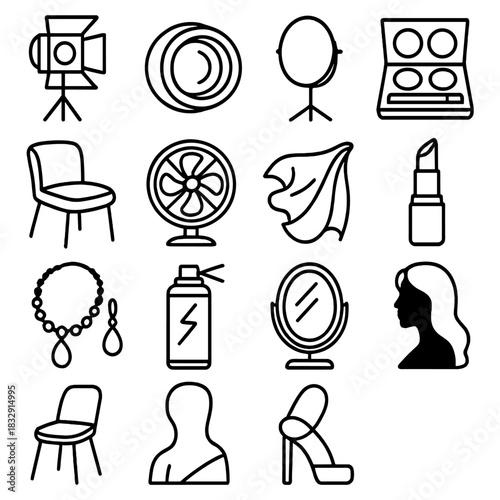 Studio Glam Icons. Studio glamour linear icon set. lighting setup, camera lens, reflector, makeup palette, posing chair, fan, silk fabric, lipstick, jewelry, hairspray, mirror