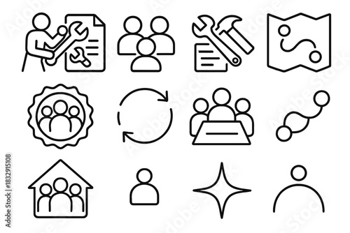 Team Effort Icons. Labor Day Team Collaboration Collection linear icon set: joint task card, team silhouettes, shared effort tools, planning map, unity badge, cooperative arrows