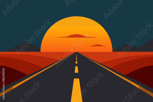Minimalist road leading towards a large orange sunset over mountains
