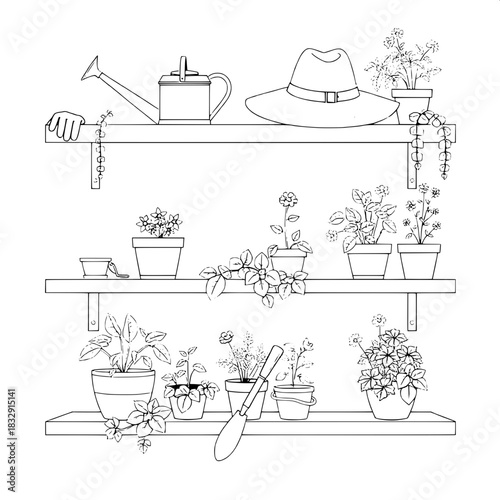 A delicate linear illustration of a charming home garden shelves scene, featuring a vintage metal watering can with a long spout, a pair of worn brown leather gloves, a small trowel with a wooden hand