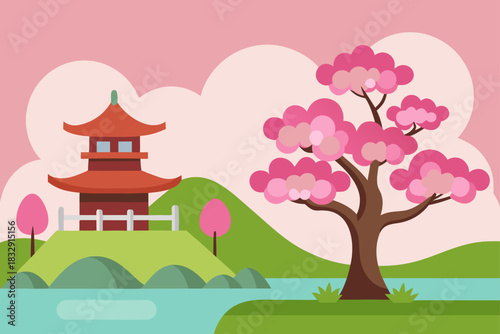 Japanese pagoda and cherry blossom tree in spring