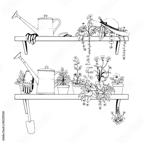 A delicate linear illustration of a charming home garden shelves scene, featuring a vintage metal watering can with a long spout, a pair of worn brown leather gloves, a small trowel with a wooden hand