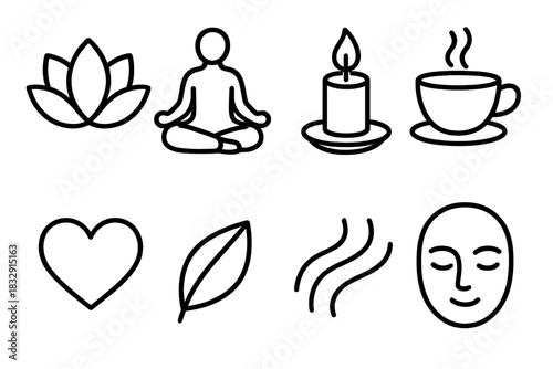 Mindful Lifestyle Icons. Mindful Living linear icon set: lotus flower, meditation pose, candle, tea cup, heart symbol, leaf, flowing lines, peaceful face