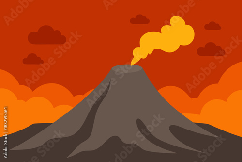 Volcano erupting with smoke and clouds in a fiery sky