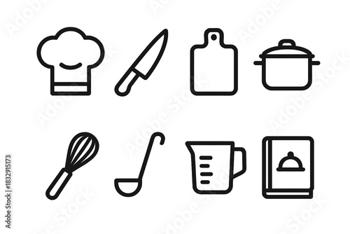 Chef Tools Icons. Professional Chef Tools linear icon set: chef hat, kitchen knife, cutting board, saucepan, whisk, ladle, measuring cup, recipe book