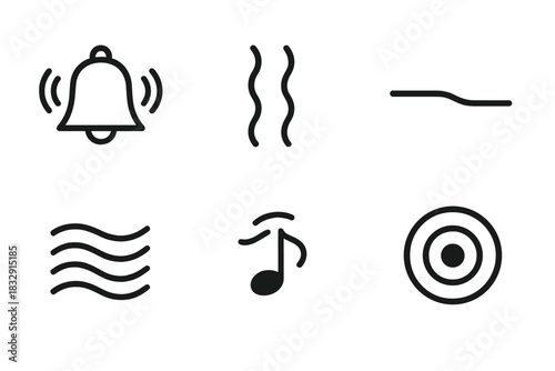 Serene Soundscape Icons. Calming Soundscapes linear icon set: serene bell, subtle vibration, hush line, calm stream, drifting note, ambient pulse