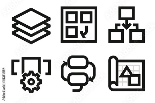 Brutalist Architecture Icons. Architecture Refactoring silhouette icon set. layered structure, module diagram, dependency arrows, component optimization, integration flow, design