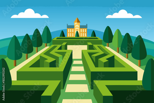 Geometric garden maze leading to a stylized mansion