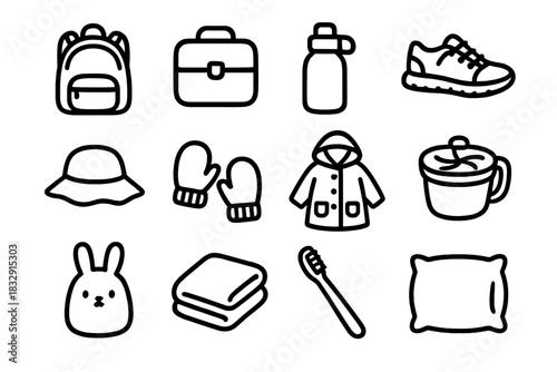 Children's Daily Essentials. Children Everyday Items linear icon set: backpack, lunchbox, water bottle, sneakers, sun hat, mittens, raincoat, snack cup, night-light, blanket