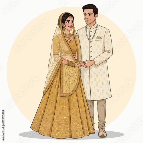Elegant Indian Wedding Couple in Traditional Golden Attire – Bride and Groom Illustration