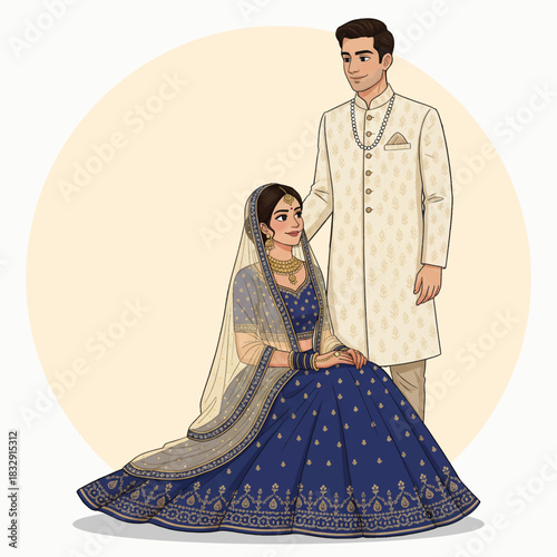 Traditional Indian Wedding Couple Illustration – Bride in Blue Lehenga and Groom in Sherwani