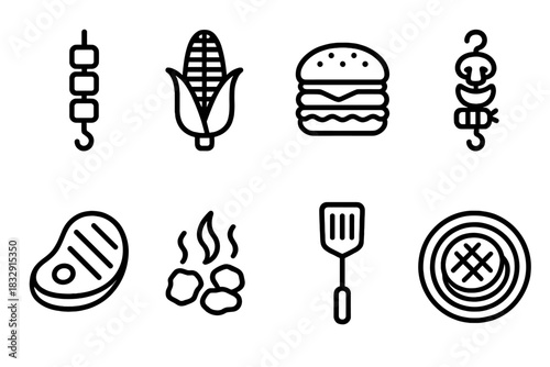 Grilling Icons Set. Grilling food concept linear icon set: kebab, corn, burger, vegetables on skewer, steak, hot coal, spatula, plate with food , clean culinary contour with fine