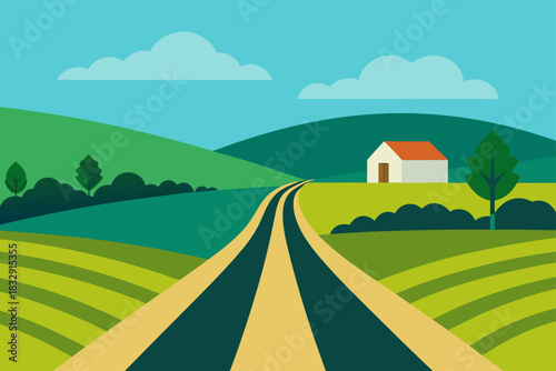 Flat design landscape with a winding road leading to a farmhouse