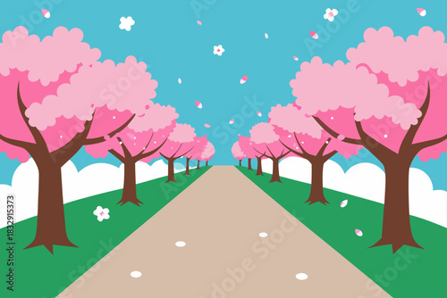 A picturesque pathway lined with blooming cherry blossom trees in spring