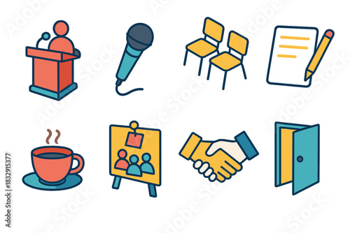 Town Hall Essentials. Town Hall Meeting flat icons set. speaker podium, microphone, chairs in rows, notepad, coffee cup, community board, handshake, open door