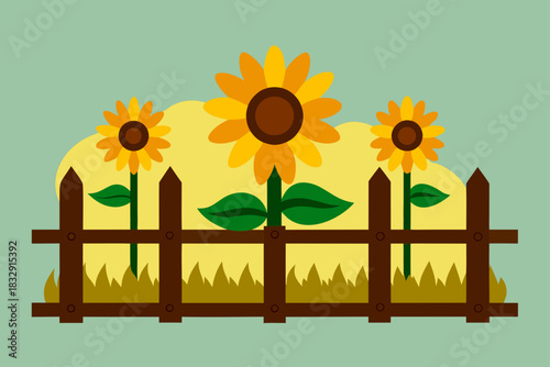 Cartoon sunflowers growing behind a rustic wooden fence in a field